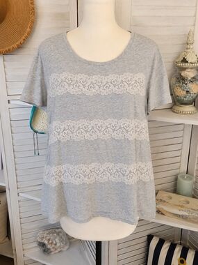 LOFT Gray Lace Stripe Scoop Neck Top Women's Large Boho Romantic